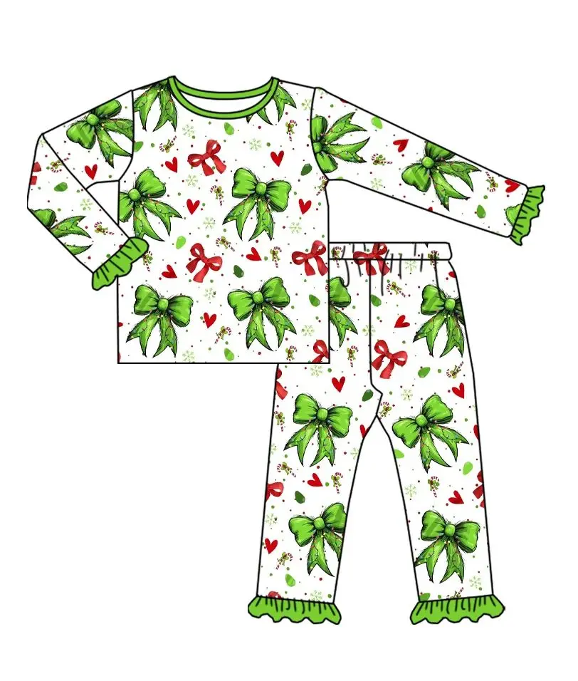 

New Style Toddler Girls Christmas Pajamas Outfit Long Sleeves Green Christmas Bow Baby Sleeper Romper
