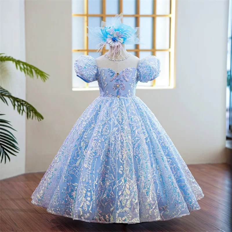 2025 New Fashion Girls' Evening Dress High-end Sequin Fabric Long Performance Host Birthday Children's Performance
