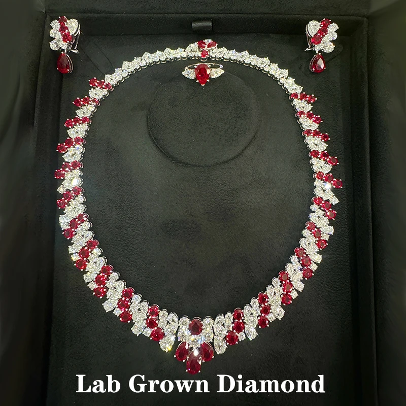 Solid 14k White Gold&Platinum Lab Grown Ruby and Lab Grown diamond Jewelry Set,Necklace total 100ctw,Earrings total 16.5ctw