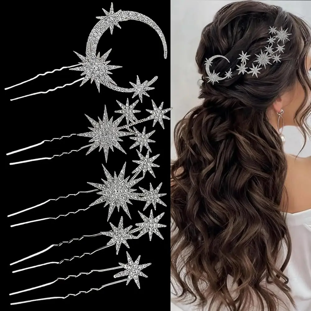 

Набор из 5 заколок для волос с небесными кристаллами, украшения для волос со стразами в виде звезд и луны для свадьбы, аксессуары для волос в стиле богини