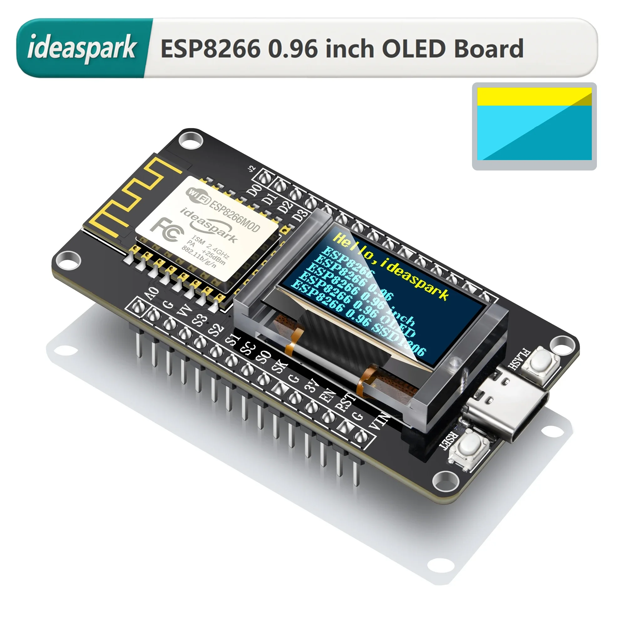 ideaspark ESP8266 Entwicklungsboard NodeMCU mit 0,96 Zoll OLED-Display, Displayschutzgehäuse, CH340, WLAN Wireless TypeC Modul