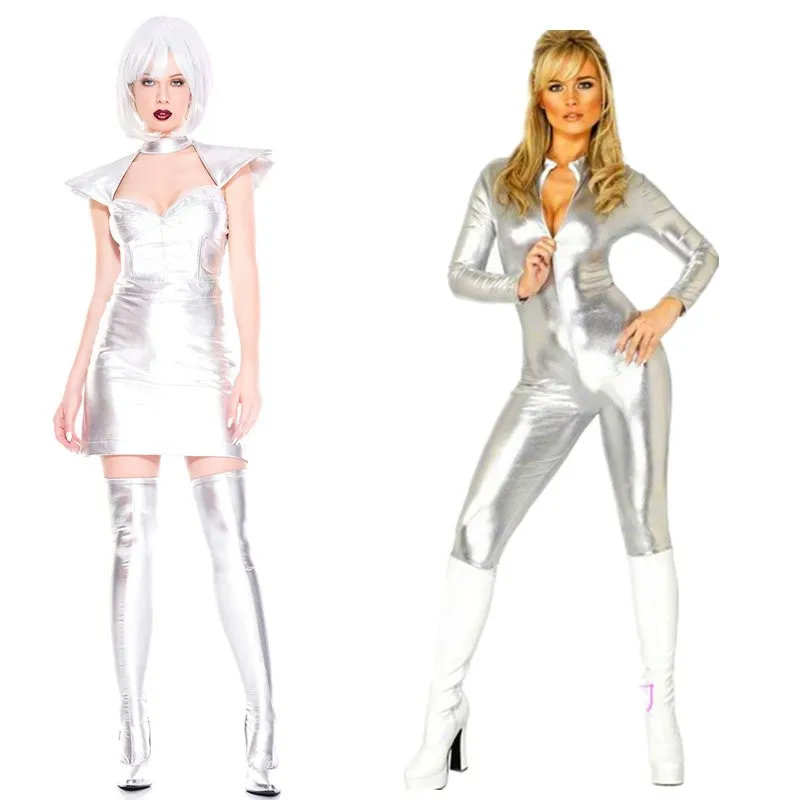 

Silver Robot Skirt Stage Costume Alien Outer Space Performance Outfit Halloween Party Club DS One-Piece Suit Women's Fashion
