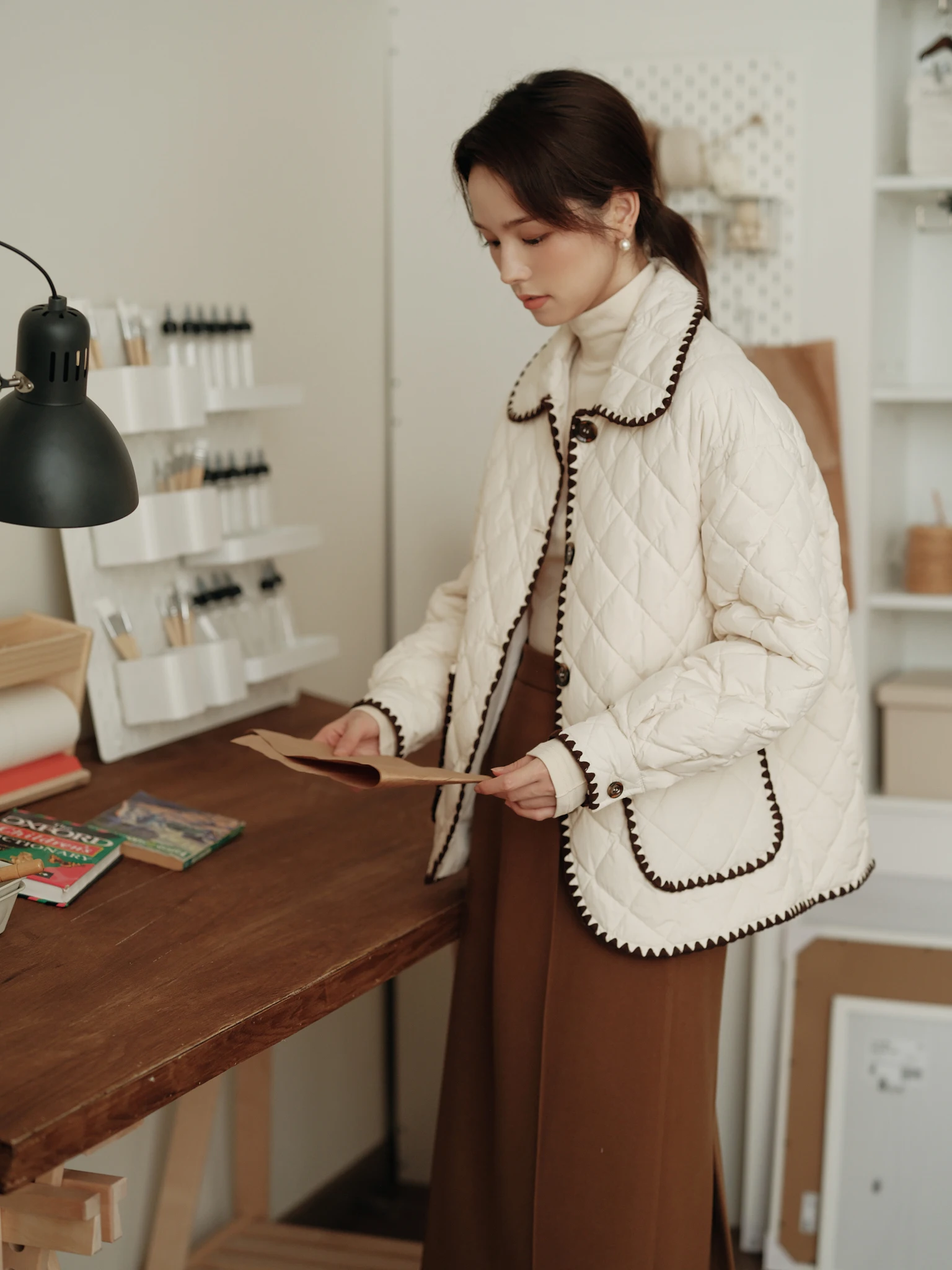 

ort Doll Collar ell Вышивка пухом Jaet Женское модное зимнее пальто с ромбовидным узором Regular Fit Long Sve Pure Color