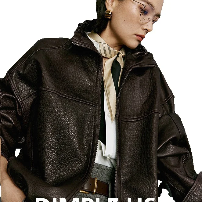 New Sheep Bubble Leather High Standing Collar Leather Coat Sheep Skin Glossy Short Motorcycle Jacket Coat