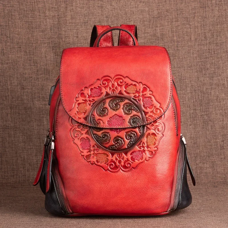 Ladies Fashion Backpack Women Retro Genuine Leather Backpacks Handmade Embossed Vintage Bag