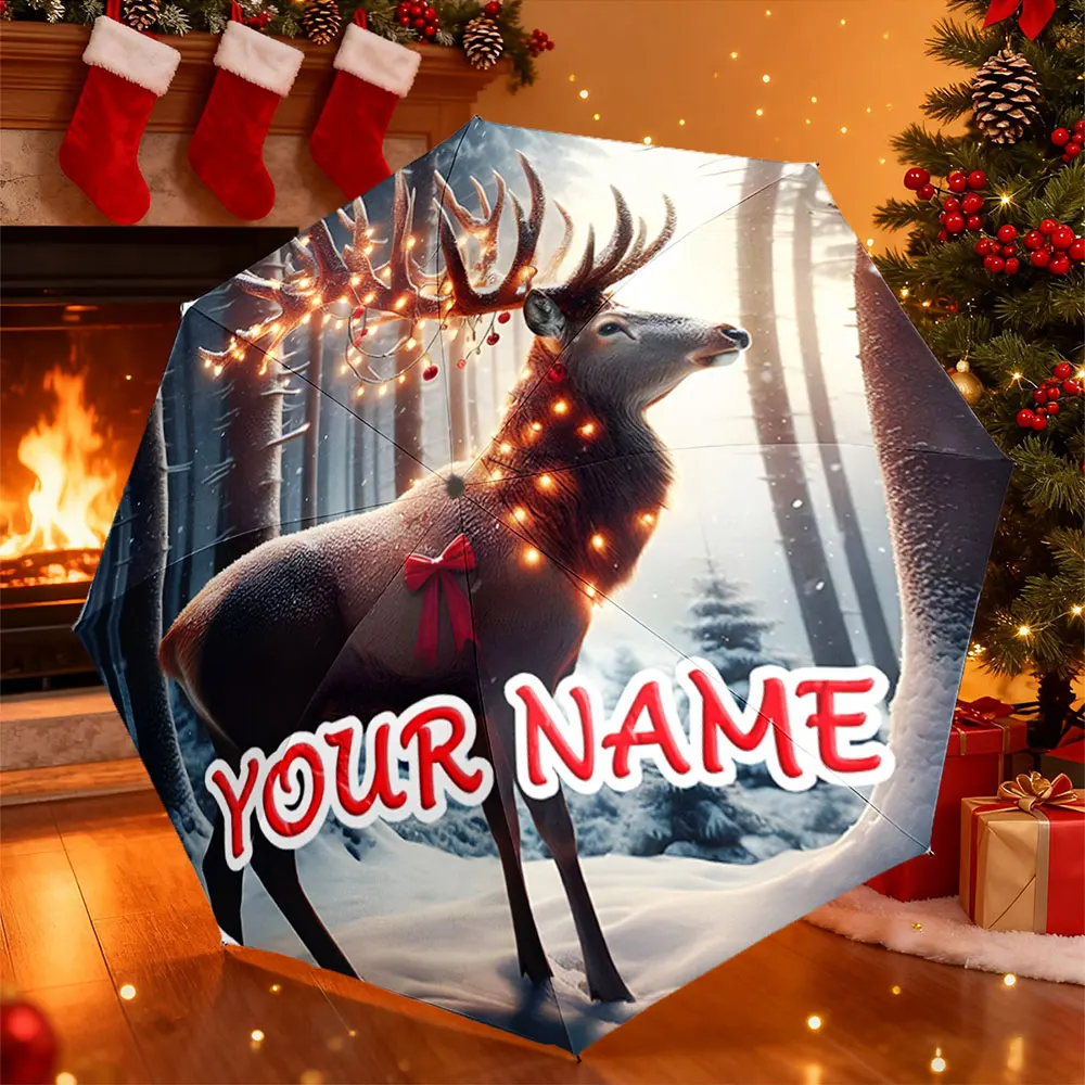 Custom Name Umbrella， Christmas Reindeer Decoration Scene with Snowy Forest ,Portable Folding Umbrella, Christmas Gift