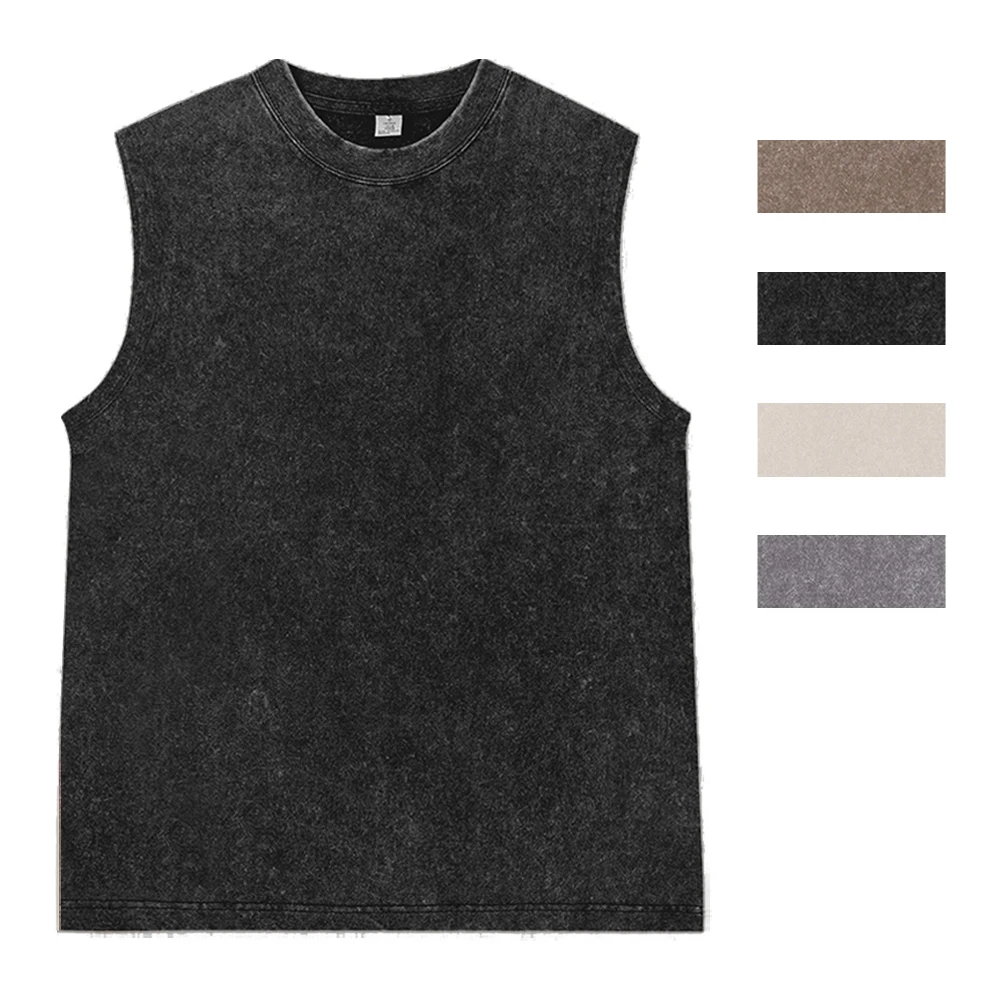 Summer Casual Men's Gym Vintage Washed Tank Top Streetwear Distressed Cotton Sleeveless Crew Neck Tee Multiple Color Options