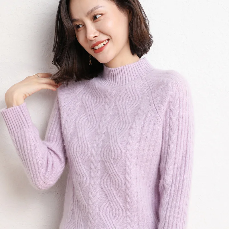 High Quality Sweater Autumn and Winter New Pure Color Half Collar Women's Twisted Flower Thick Loose Sweaters Base