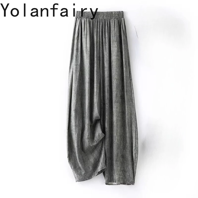 

YOLANFAIRY Женские брюки из 70% шелка тутового шелкопряда и 30% хлопка, летние, с эластичным поясом, широкие штанины, тай-дай, коллекция 2026