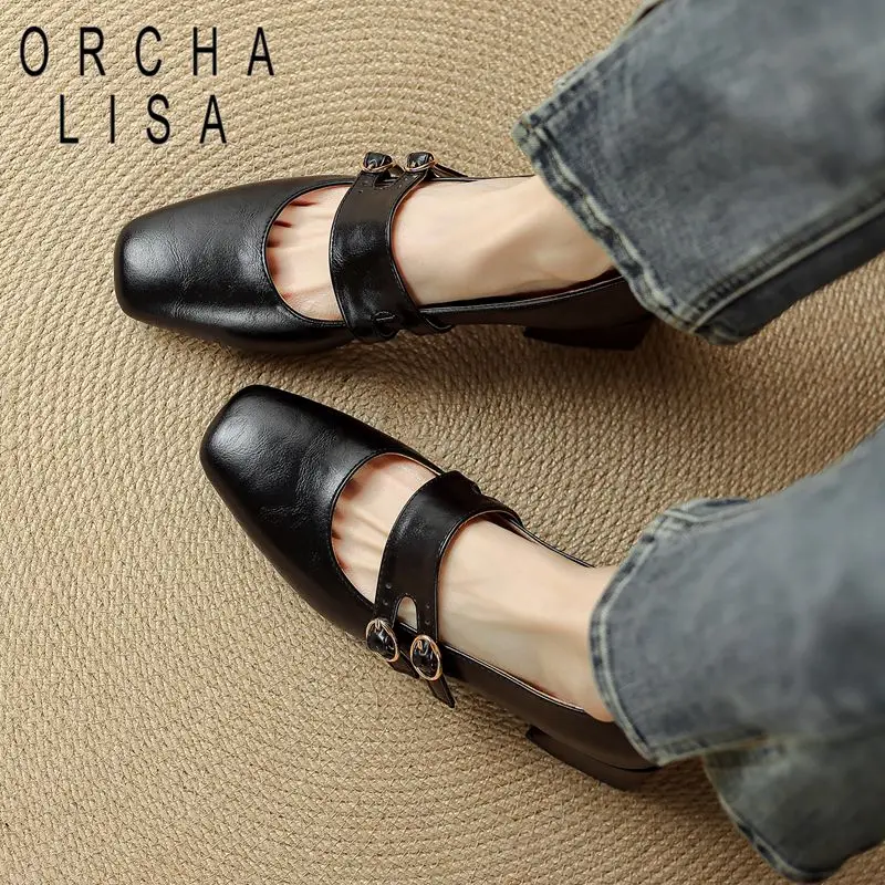 

ORCHA LISA Black Women Pumps Square Toe 4.5cm Thick Heel Slip On Belt Buckles Plus Size 41 42 43 Soft Leisure Daily Lady Shoes