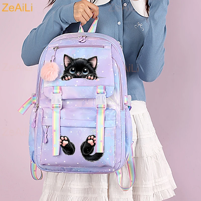 Cute Black Cat Flower Butterfly Student Teenager Children Knapsack Schoolbag Rucksack Mochila Women's Backpack Bookbag Bag
