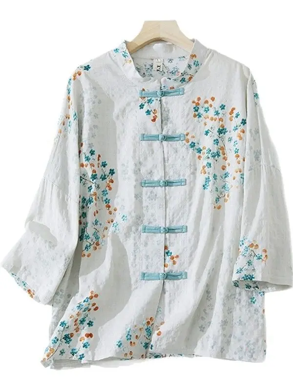 

Chinese Style Buttoned Ramie Shirt Women Spring New Loose Thin Women's Blouse Casual Floral Sunscreen Cardigan Tops