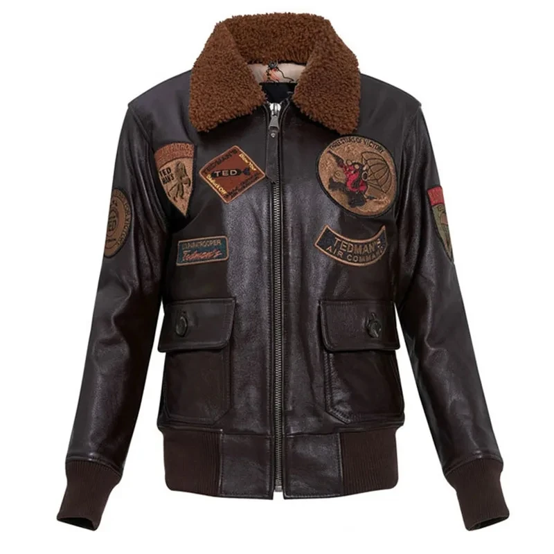 

Dark Brown Autumn Paratrooper Pilot Leather Jacket Women Military Style Plus Size 3XL Natural Cowhide G1 Flight Leather Coat