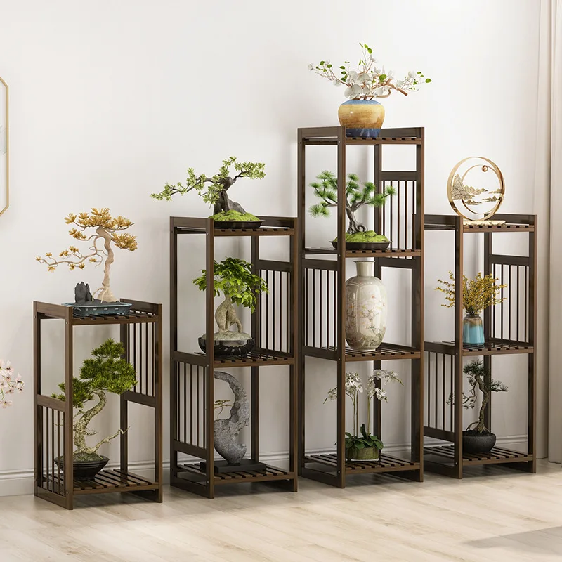 Chinese Antique Bamboo Flower Shelves Multi-layer Structure High Fence Rack Vintage Plant Stand for Classic Home Decor