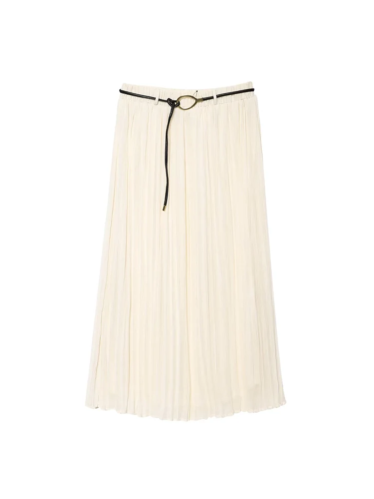 

KUCLUT Women Fashion With Belt Beige Pleated Straight Midi Skirt Vintage High Waist Female Chic Lady Skirts
