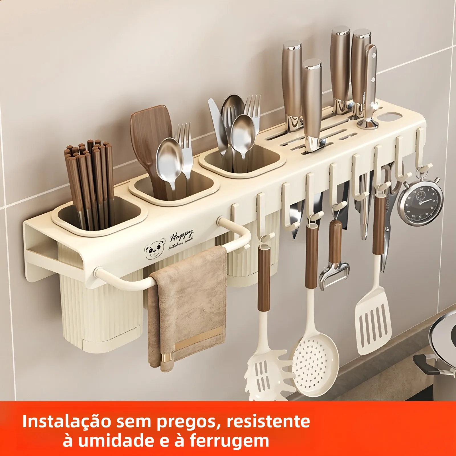 Suporte de Armazenamento Multifuncional de Parede para Cozinha com Organizador Integrado para Talheres e Facas
