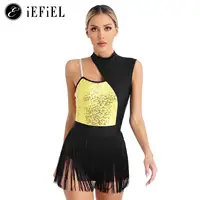 Mujer moderno Jazz latino Samba Rumba Salsa traje de baile lentejuelas Halter un hombro Ballet leotardo faldas con borlas