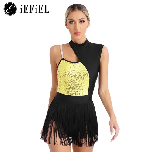 Mujer moderno Jazz latino Samba Rumba Salsa traje de baile lentejuelas Halter un hombro Ballet leotardo faldas con borlas