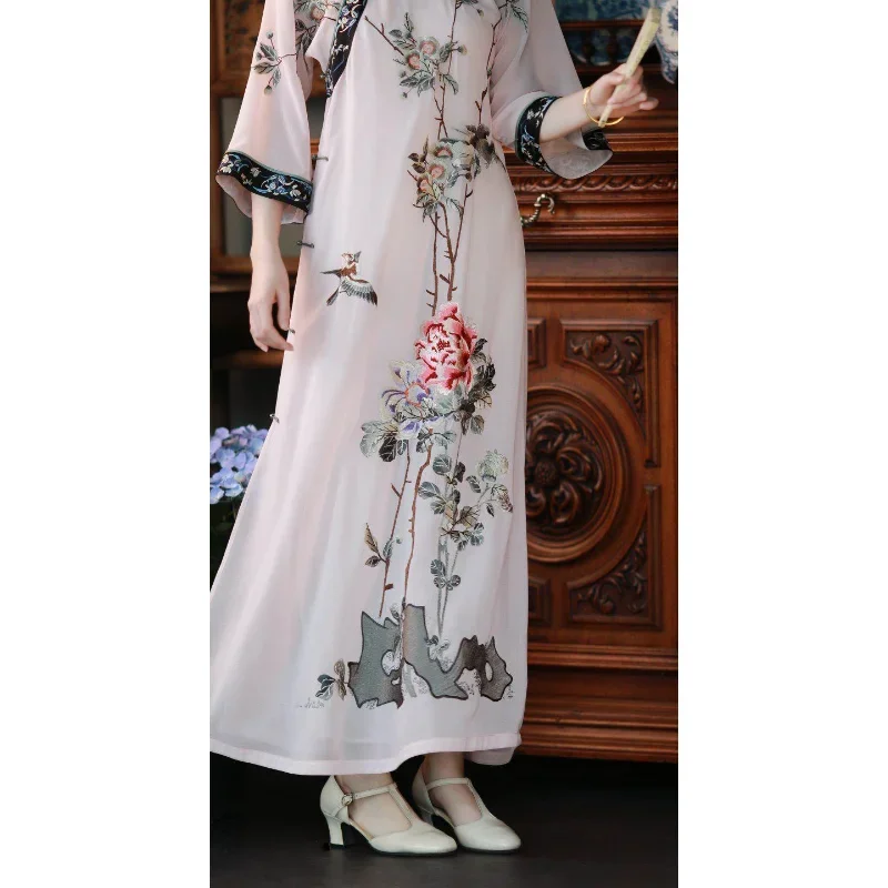 Qing Dynasty Elegant Pink Round Neck Bird Flower Printed Half Sleeved Cheongsam Dress Women\'s Chinese Style Casual Qipao Dress