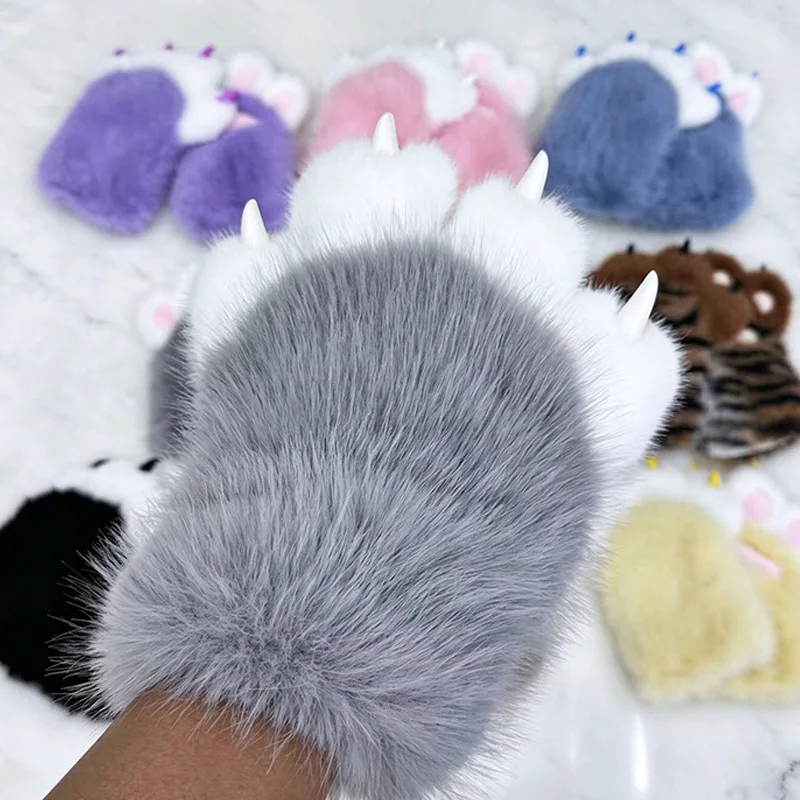 Cat Paw Gloves Plush Faux Fur Animal Claws Mittens Winter Warm Gloves With Nails Cute Super Fun Cosplay Costume For Kids Adults