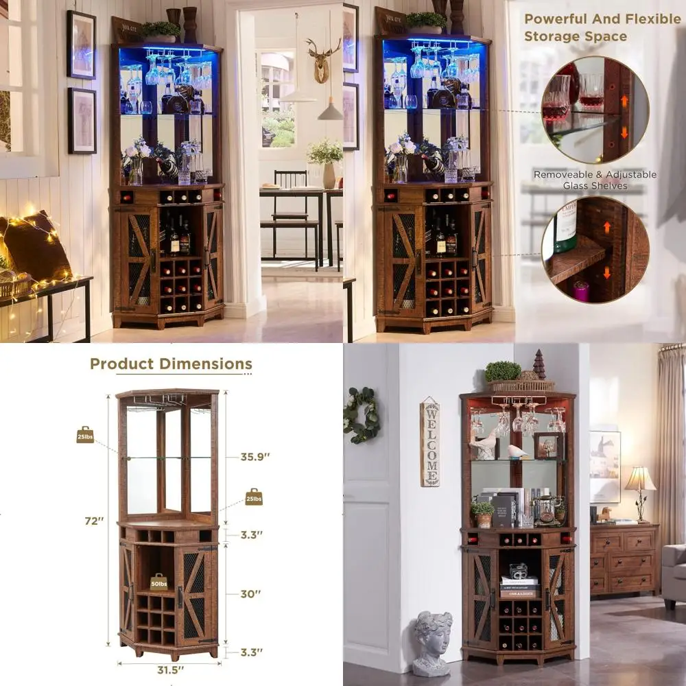 72 hoher Weinschrank im Bauernhausstil mit Schiebetür, verstellbaren Regalen, LED-Beleuchtung und Glasregal