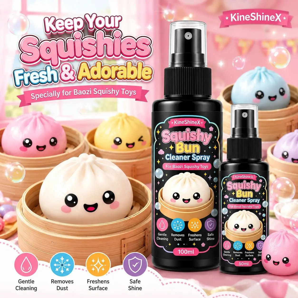Squishy Cleaner Spray 50ml/100ml – For Baozi Squishy Toys, Gentle Cleaning, Removes Dust, Freshens Surface, Safe Shine,Quick-Dry