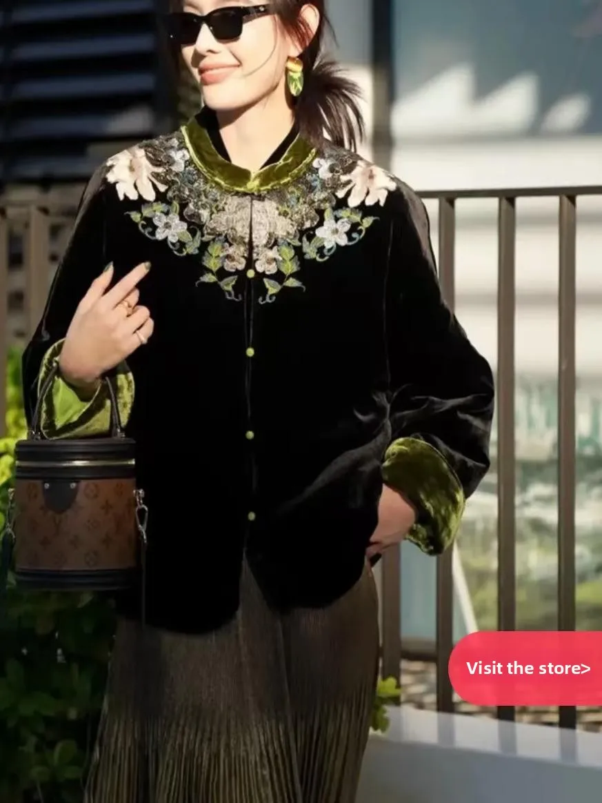 Outono Inverno Novo Chinês Sle Pesado Bordado Ouro Veludo Algodão Jaet Feminino Faionable Mom Vintage Top Tubo Reto...