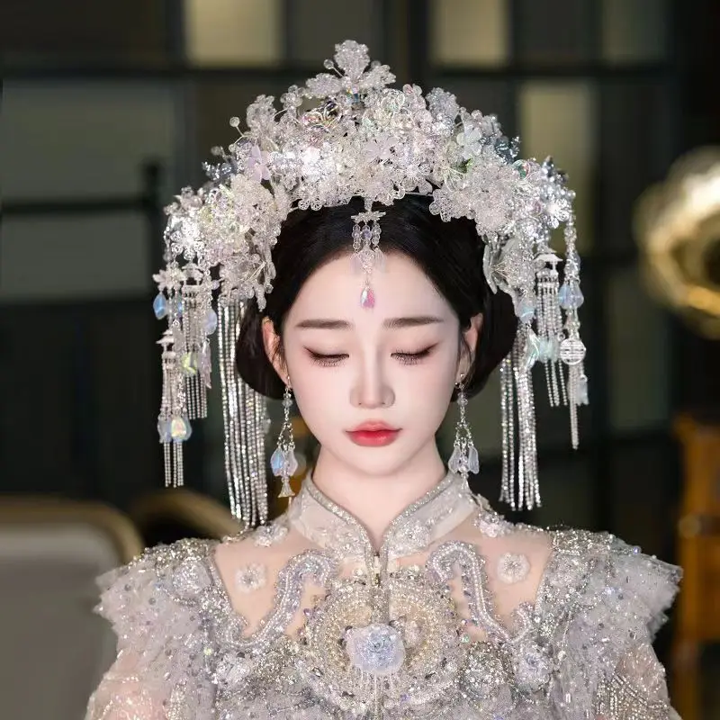 NiuShuya White Crystal Flower Hair Crown Bride Chinese Wedding Headdress Hanfu Xiuhe Dragon and Phoenix  Hair Accessories