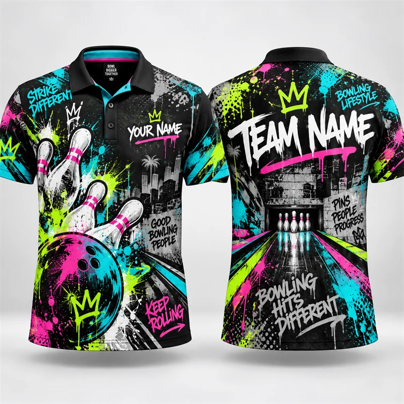 Custom Bowling Polo Shirt Personalized Name Team Name Vintage Art Print Short Sleeve Jersey League Tournament Sports Uniform