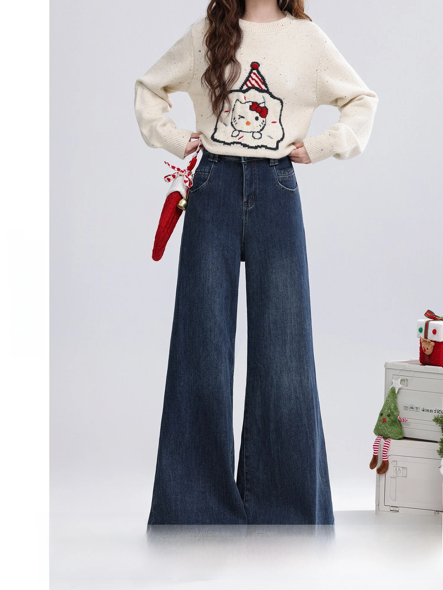 

Женские зимние теплые джинсы с широкими штанинами, ретро-стиль, темно-синие, с подкладкой, высокая талия, на молнии, повседневные, цвет J...