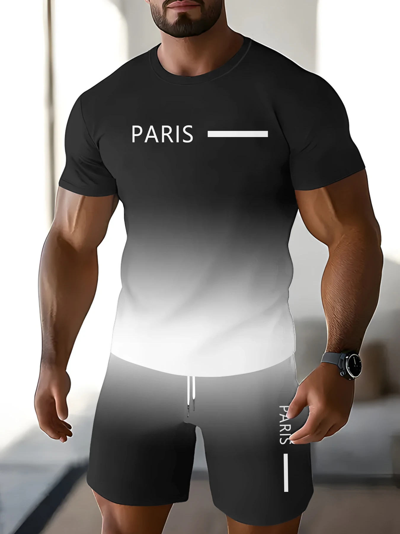 

Универсальный повседневный наряд для мальчиков: серо-белая футболка и шорты с градиентным принтом, удобный комплект из двух предметов для выхода на улицу