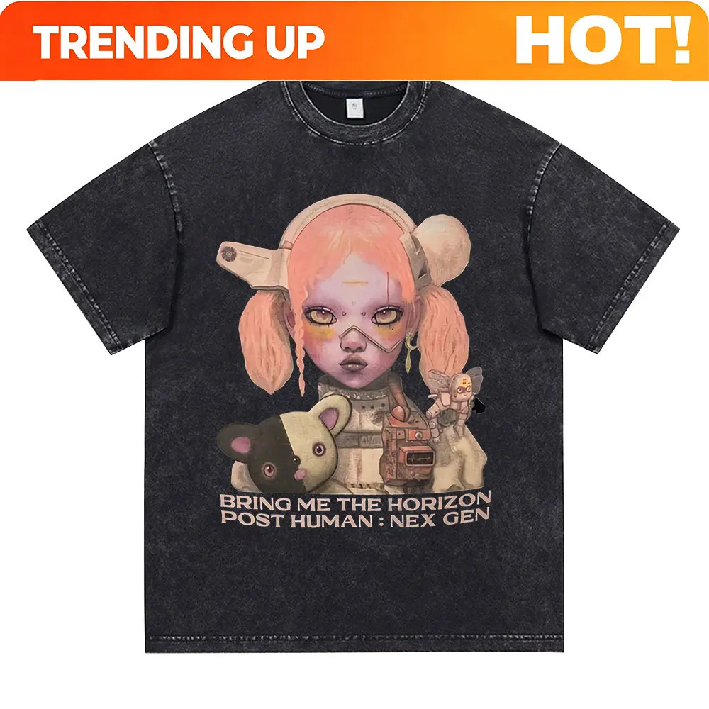 Customization BringMe TheHorizon Album Post Human Nex Gen Vintage Washed T-shirt BMTH Metal Rock Band T Shirt Men Women Short Sl