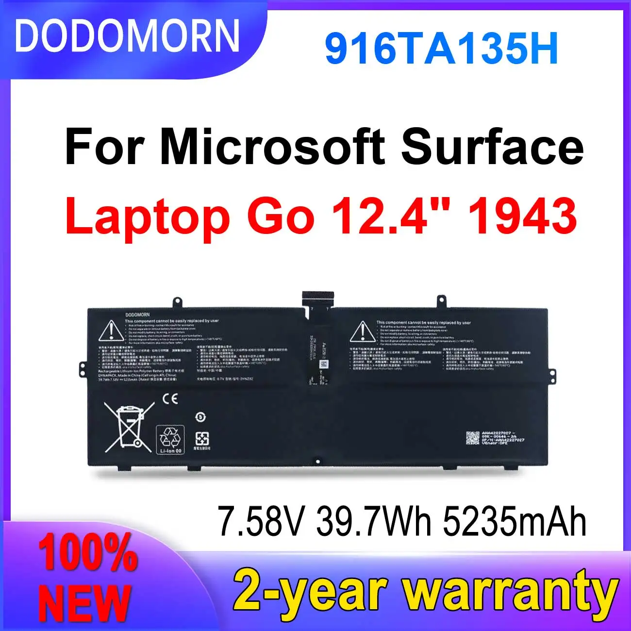 

DODOMORN New 916TA135H Battery For Microsoft Surface Go 1943 12.4" 1 Laptop 7.58V 5235mAh 39.7Wh Fast delivery