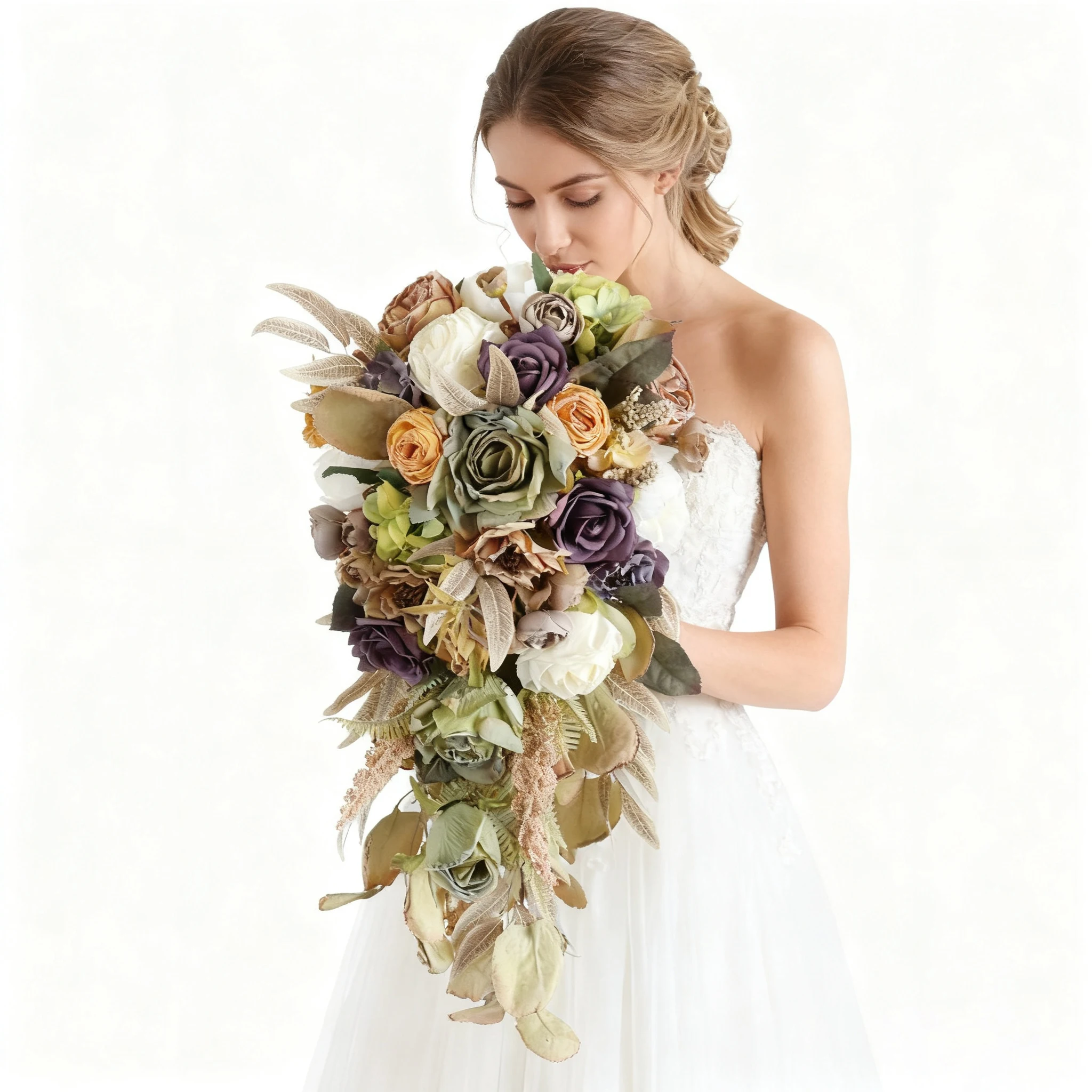 باقة الزفاف البنية، زهور الورد الاصطناعية للعروس مع أشرطة، زهرة وهمية لوصيفة العروس #1