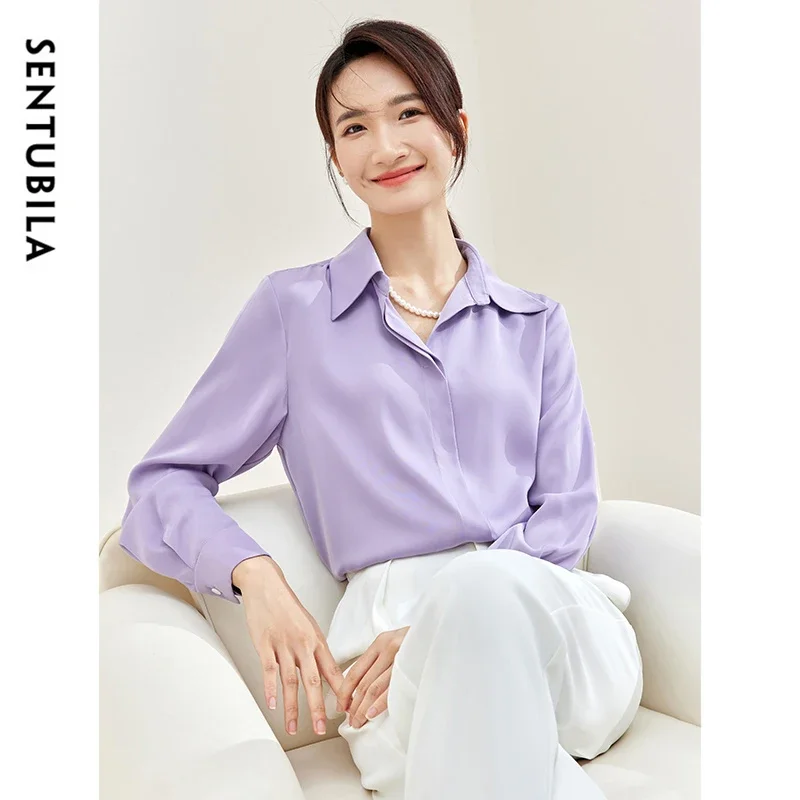 

SENTUBILA Solid Office Lady Blouse for Women 2024 Autumn Straight Chiffon POLO Neck Elegant Pearl Chain Women Shirt 143V56771X