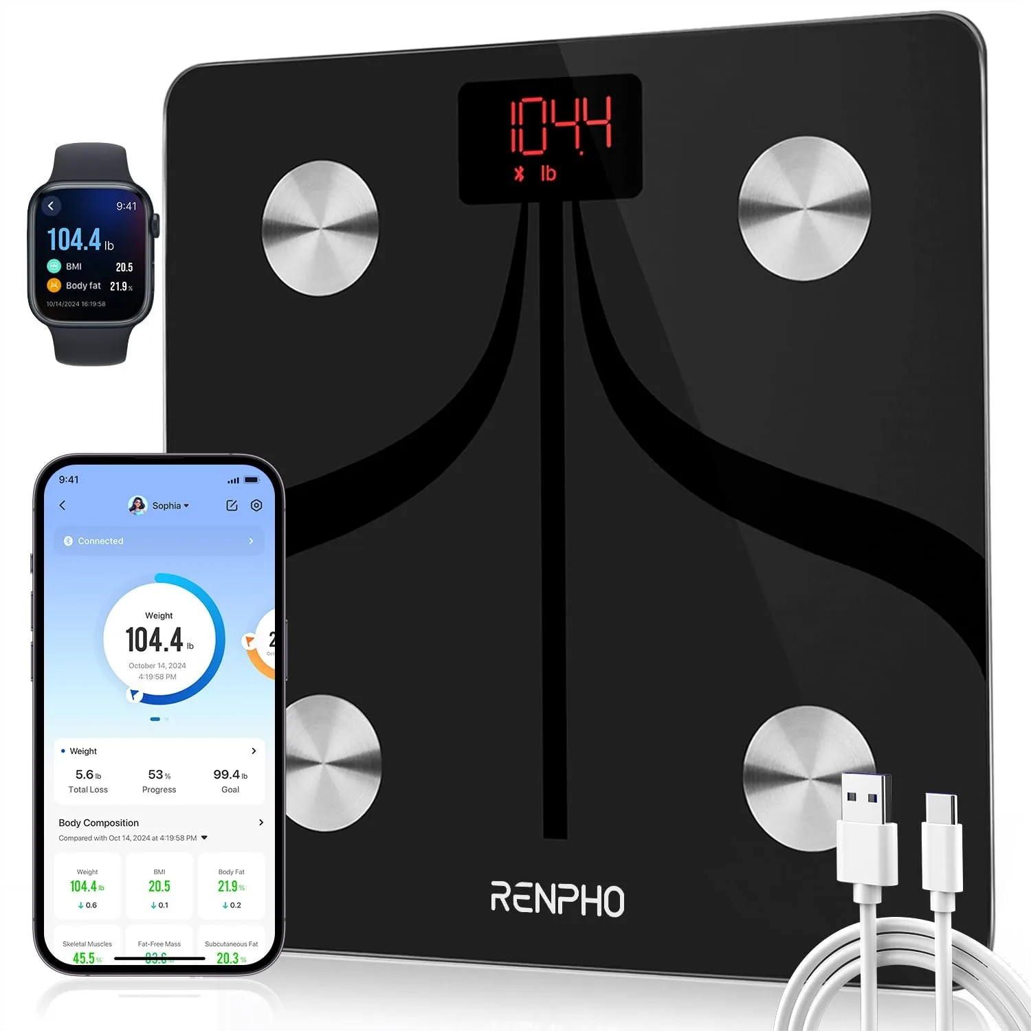 

Smart Scale for Body Weight, Type-C Rechargeable Digital Bathroom Scale with App, 13 Body Composition, 400 lbs, Black