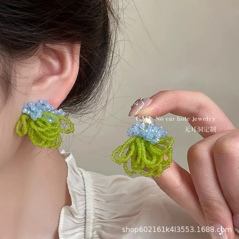 New Fresh Green Beads Tassel Flower Earrings For Women Fashion Vacation Style Handmade Bead Earrings Wedding Party Jewelry Gift
