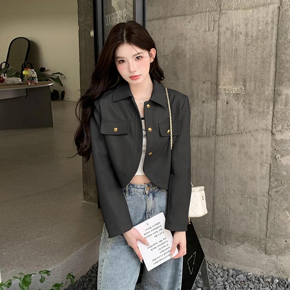 Early Autumn New Faux Leather Coat Ladies Elegant Small Fragrant Wind Short Jacket Round Neck Slim Temperament Lady PU Outerwear