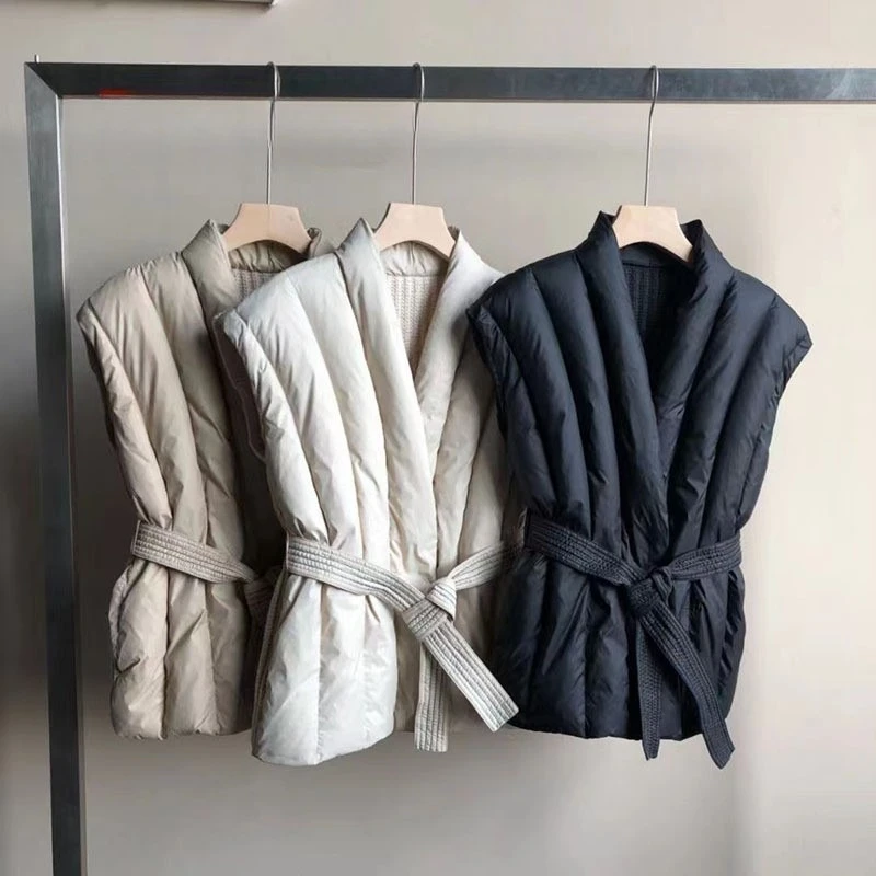 المرأة متماسكة تقليم الخامس رابطة عنق حزام الأبيض بطة أسفل سترة شتاء جديد قصير البخاخ صدرية