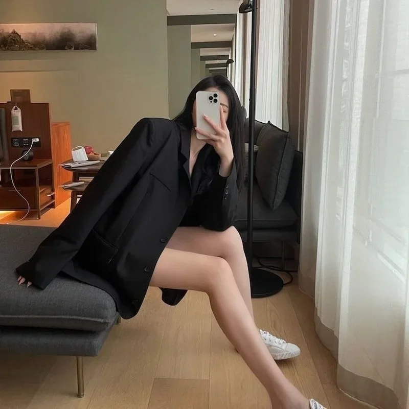 بليزرات نسائية سوداء من Ulzzang College مزاج مدبب الحد الأدنى Mujer شعبية كم كامل كل مباراة ملابس الشارع ملابس غير رسمية