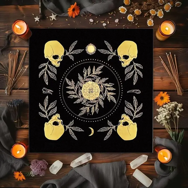 VIKAMA Skeleton Moon Phase Tarot Card Tablecloth Mystical Divination Altar Cloth for Ritual Spiritual Decor Witchy