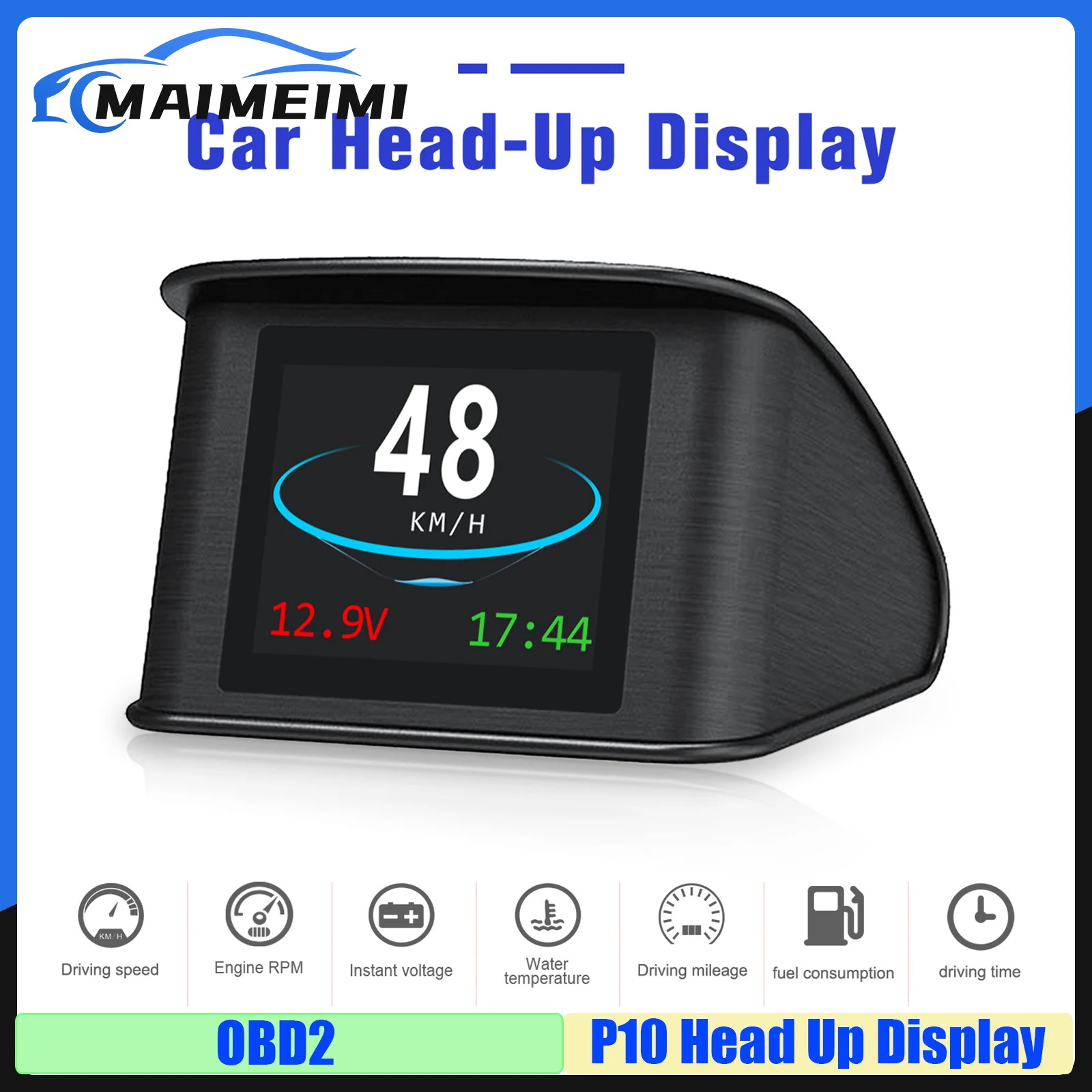 

Digital Car P10 HUD OBD2 Head-up Display Speedometer RPM Water Temp Overspeed Alarm Turbine Pressure Fuel Consumption Voltage