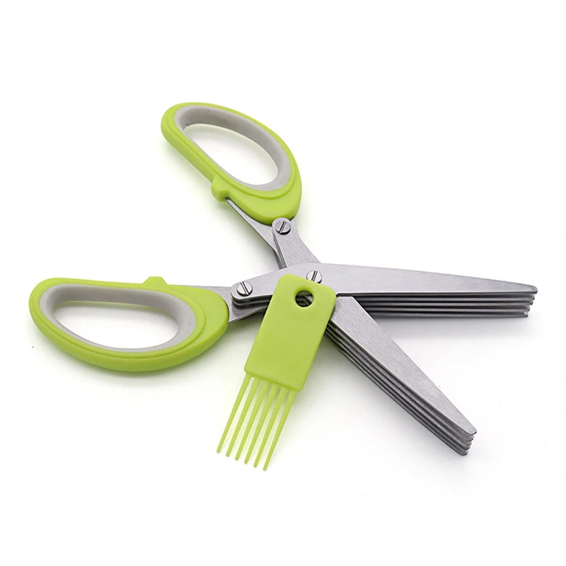 5-layer Green Scallion  Stainless Steel Sharp Salad Shears PP Handle Household Utility Kitchen Scissors With Cleaning Brush