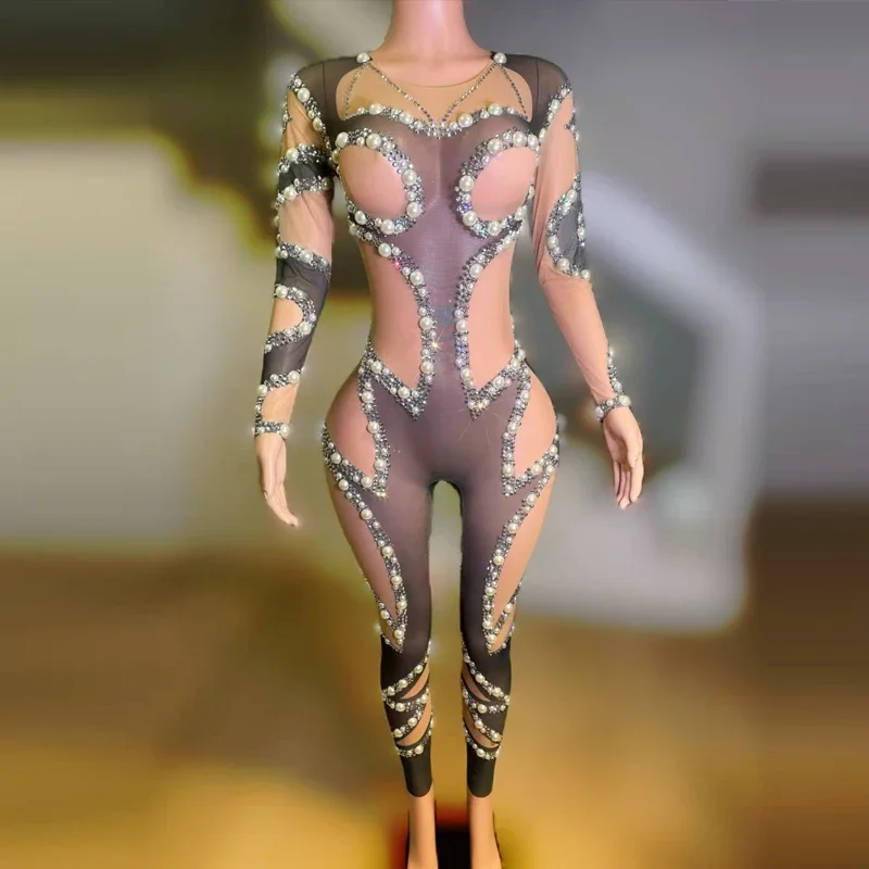 Nightclub  Dj Party Gogo Costume Fake Hollow Mesh Pearls Jumpsuit Women Pole Dance Clothing Singer Rave Outfit