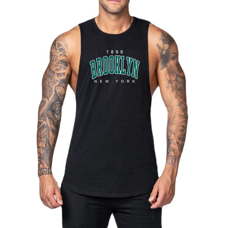 

1898 Brooklyn New York Printed Gym Fitness Sleeveless Tank Tops Mens Bodybuilding Cotton Breathable Cool Loose Casual T-shirts