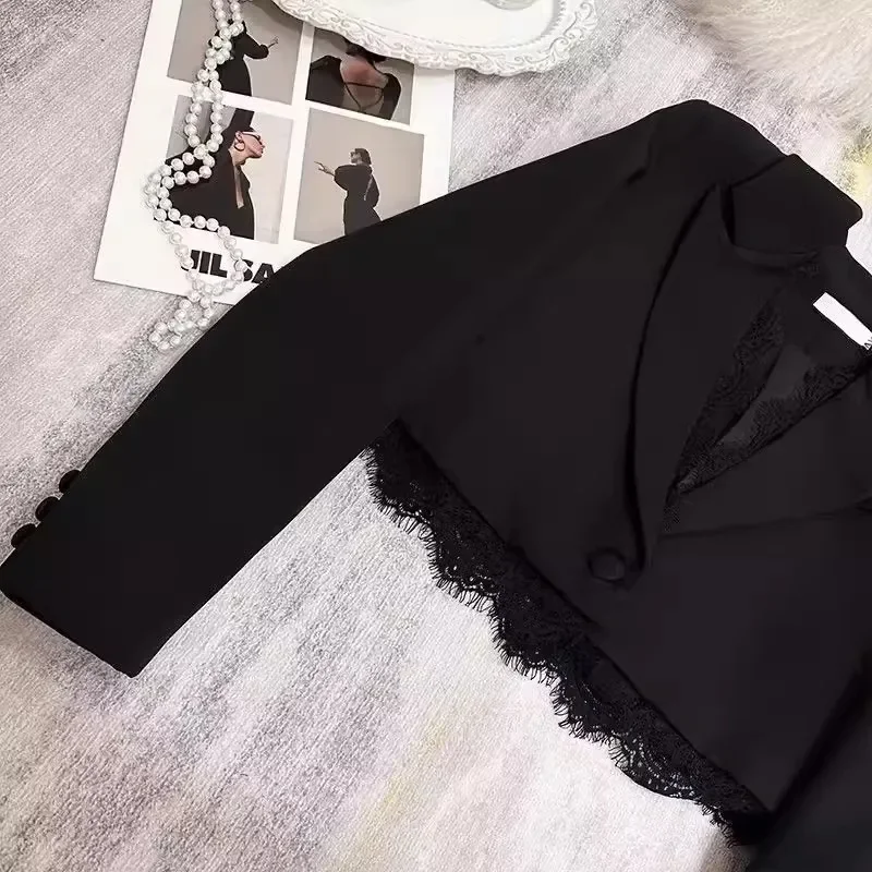 New Stylish Black Lace Splice Shoulder Pad Women's Suit Jacket Simple Design Floral  Short Style Polyester Fiber Office Wear