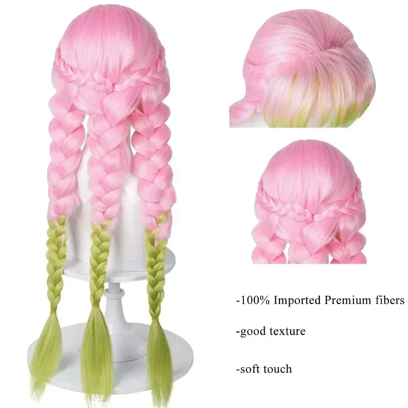 Pruik Voor Mitsuri Cosplay Ds Groene En Roze أنيمي كوسبلاي Pruiken مع الحيوانات الأليفة لعيد الهالوين