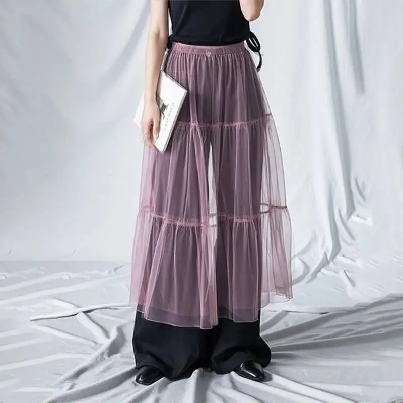 Waist Niche Elastic Layered Spliced Design Semitransparent Mesh A-line Skirt For Women Clothing Accessories Chic 2SBL1