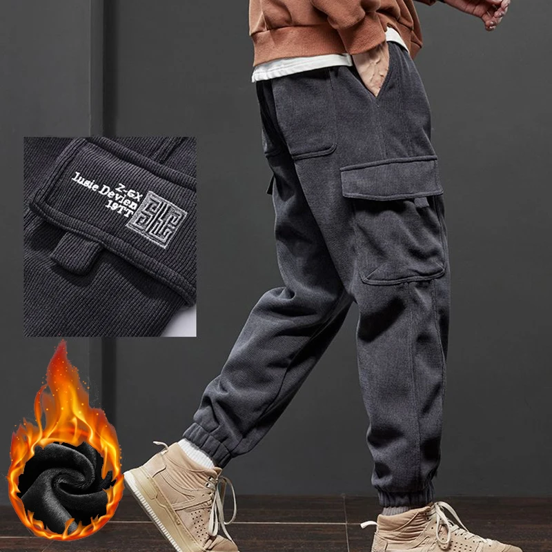 

Men Winter Thermal Plus Size Cargo Pants Men Fashion Casual Loose Elastic Stretch Narrow Leg Pants Classic Army Green Trousers