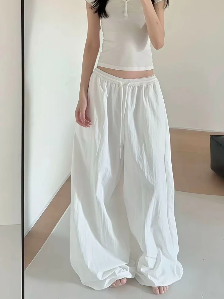 HOUZHOU White Oversized Women Pants Casual Embroidery Baggy Trousers Korean Style Basic Black Wide Leg Parachute Pants Joggers
